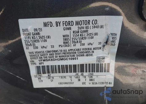 2021 Ford Explorer Xlt from USA, damaged, VIN 1FMSK8DH2MGC10951